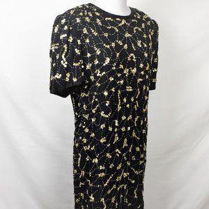 STENAY Silk Beaded Cocktail Dress 12 Black Gold Sequence Lined Cap Sleeves SEXY
